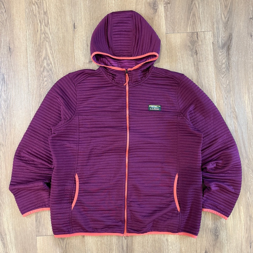 LL Bean Womens XL Full Zip Hooded Ribbed Fleece Quilted Jacket Purple Coral EUC